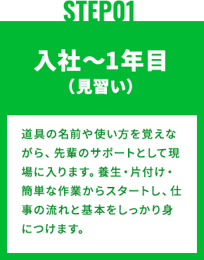 STEP1 入社〜1年目（見習い）道具の名前や使い方を覚えながら、先輩のサポートとして現場に入ります。養生・片付け・簡単な作業からスタートし、仕事の流れと基本をしっかり身につけます。